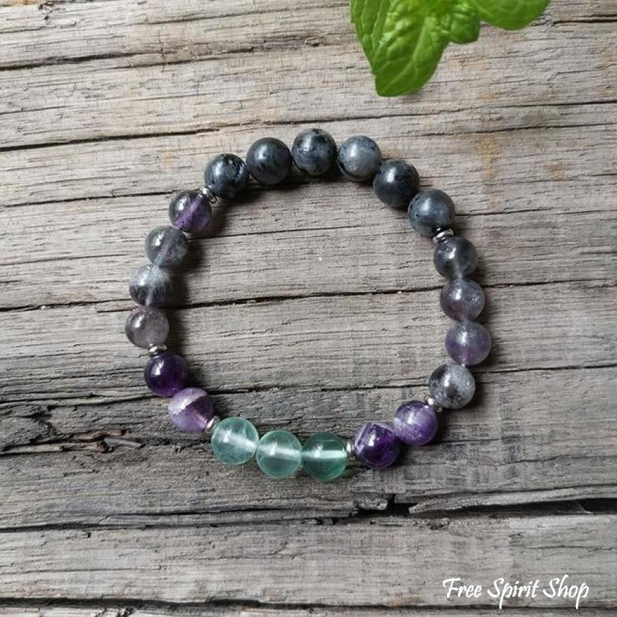 108 Natural Labradorite Fluorite & Amethyst Mala Bead Necklace / Bracelet - Image 4