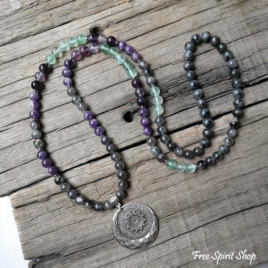 108 Natural Labradorite Fluorite & Amethyst Mala Bead Necklace / Bracelet - Image 5