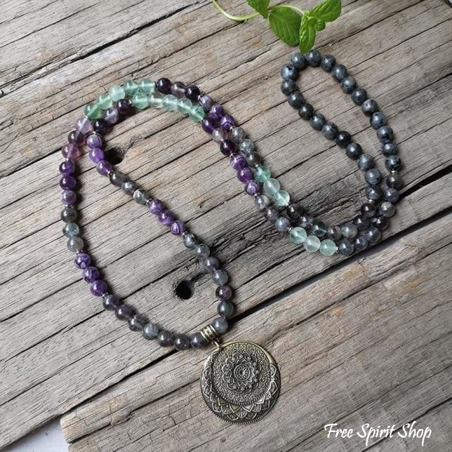 108 Natural Labradorite Fluorite & Amethyst Mala Bead Necklace / Bracelet - Image 6