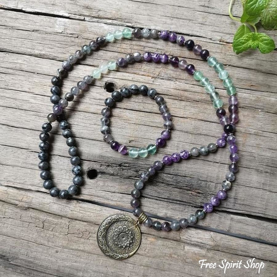 108 Natural Labradorite Fluorite & Amethyst Mala Bead Necklace / Bracelet - Image 7