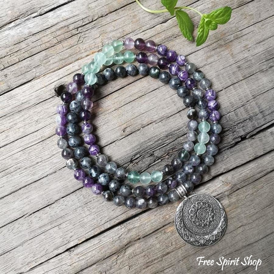 108 Natural Labradorite Fluorite & Amethyst Mala Bead Necklace / Bracelet - Image 8