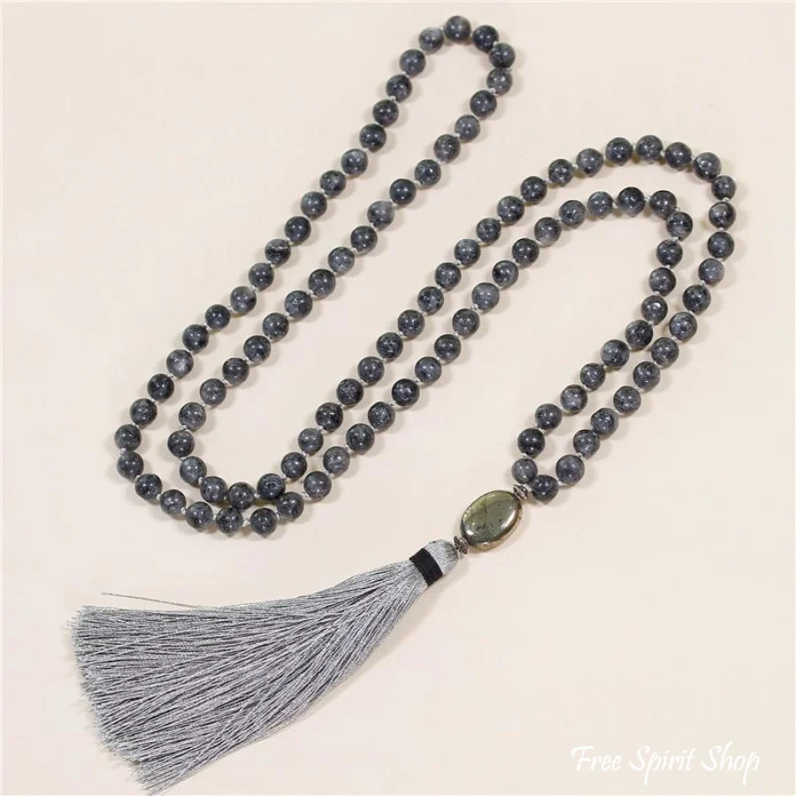 108 Natural Labradorite & Pyrite Mala Bead Necklace - Image 2