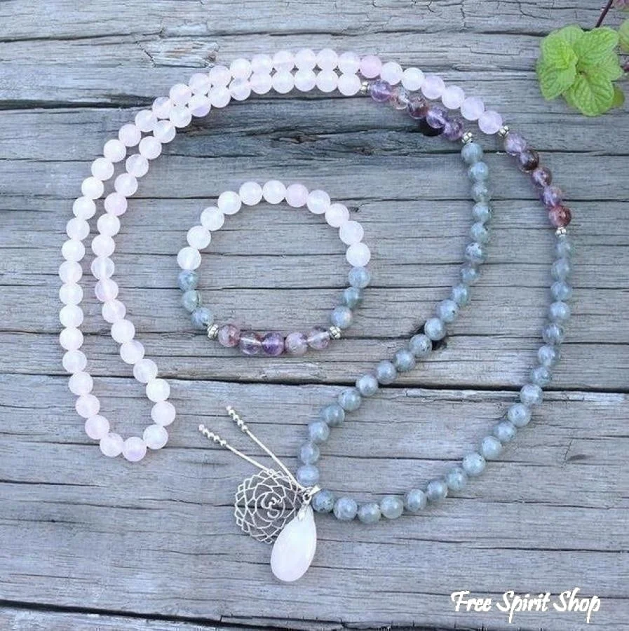 108 Natural Labradorite White Jade and Amethyst Mala Beads Necklace / Bracelet - Image 2