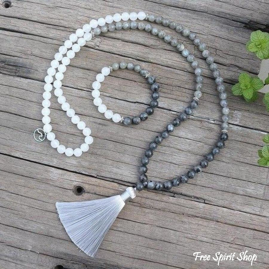 108 Natural Labradorite & White Stone Mala Bead Necklace / Bracelet - Image 2