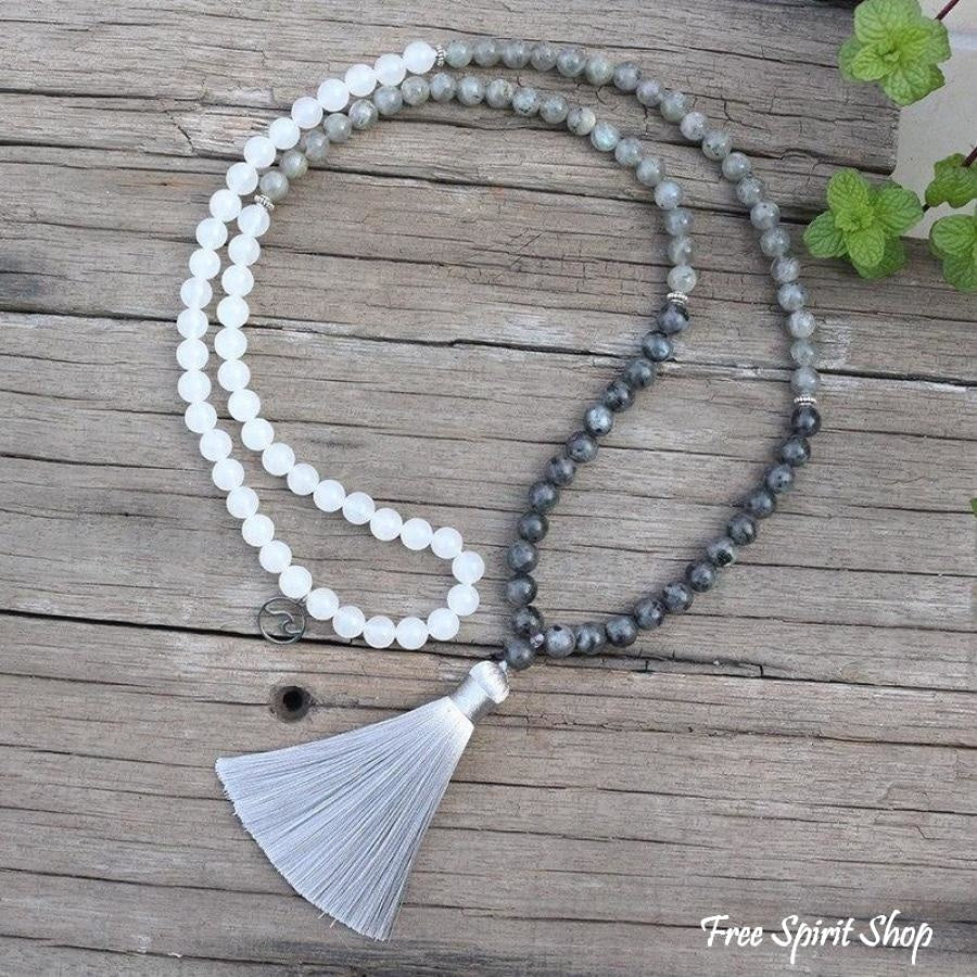 108 Natural Labradorite & White Stone Mala Bead Necklace / Bracelet - Image 3