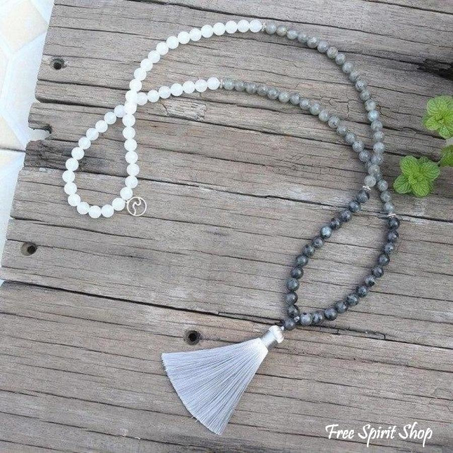 108 Natural Labradorite & White Stone Mala Bead Necklace / Bracelet - Image 4