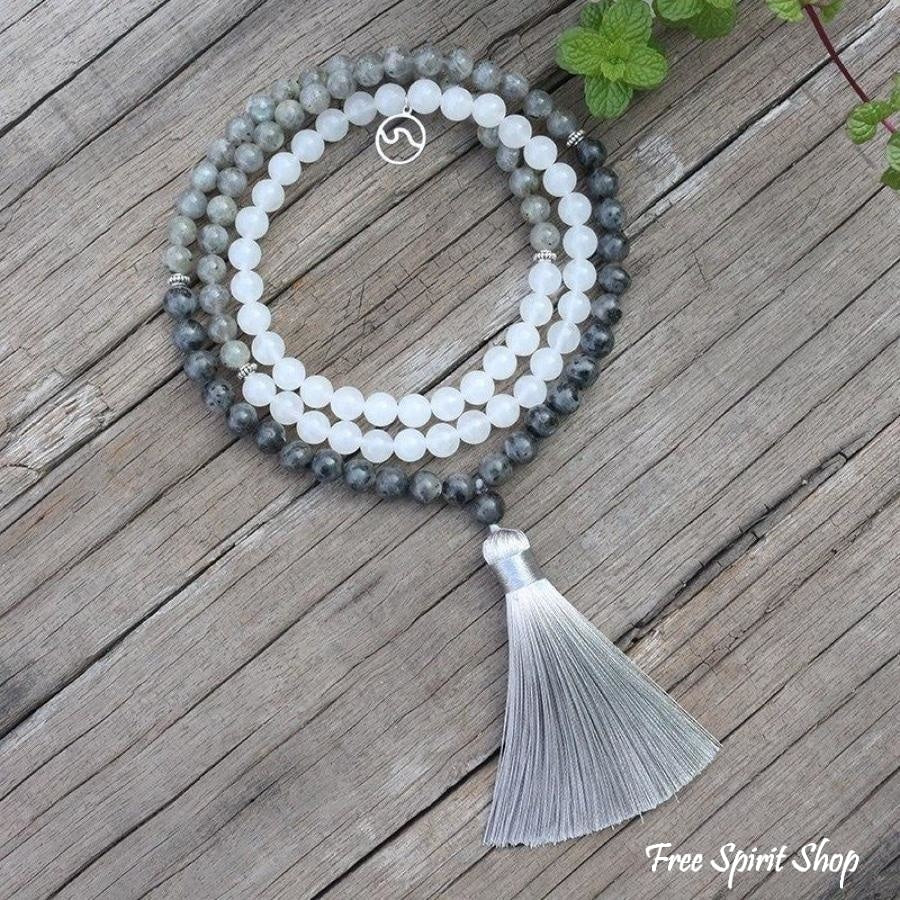 108 Natural Labradorite & White Stone Mala Bead Necklace / Bracelet - Image 5