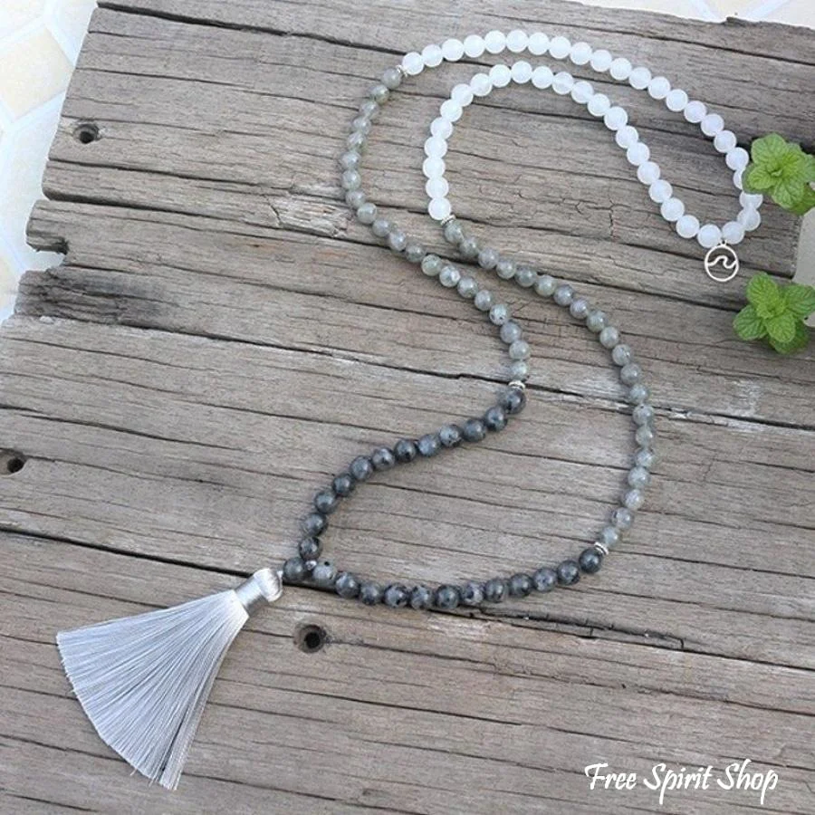 108 Natural Labradorite & White Stone Mala Bead Necklace / Bracelet - Image 8