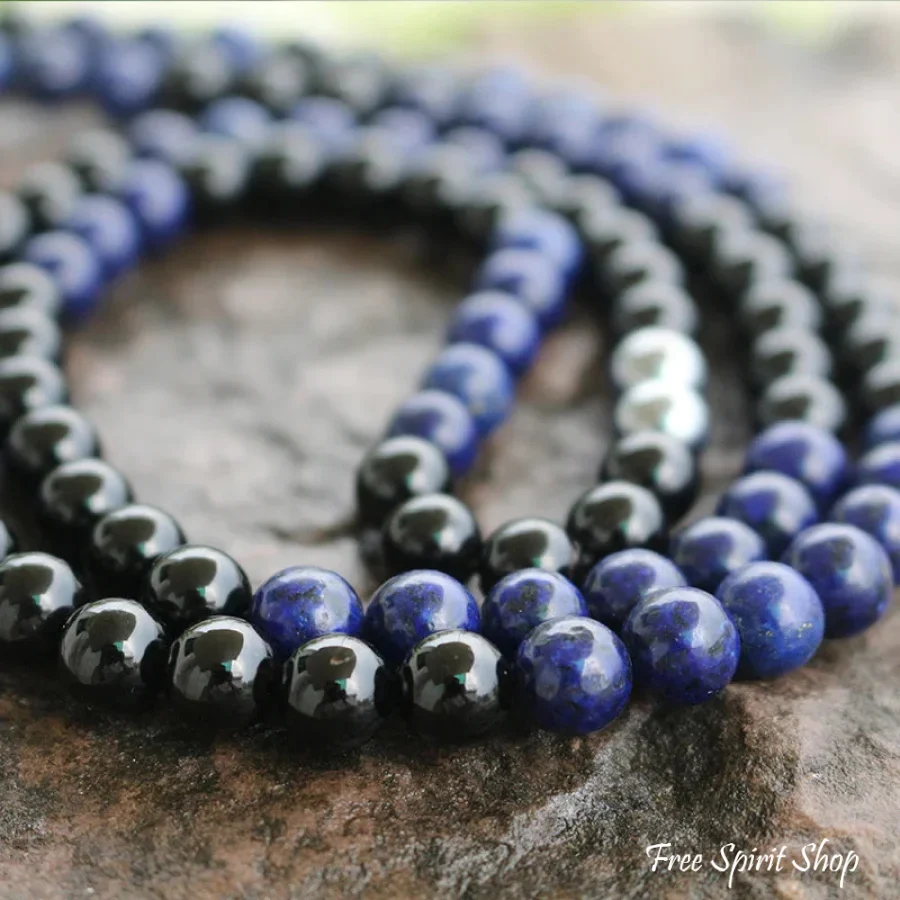 108 Natural Lapis Lazuli & Black Onyx Mala Bead Necklace - Image 3