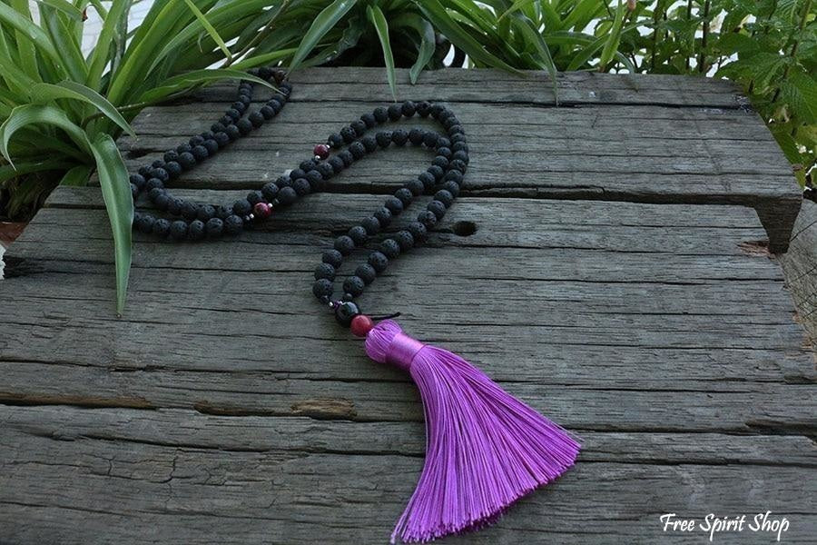 108 Natural Lava Stone & Pink Tiger Eye Mala Bead Necklace - Image 3
