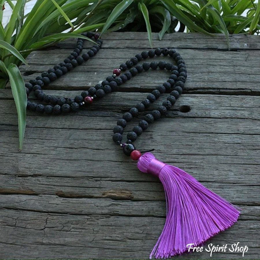 108 Natural Lava Stone & Pink Tiger Eye Mala Bead Necklace - Image 4