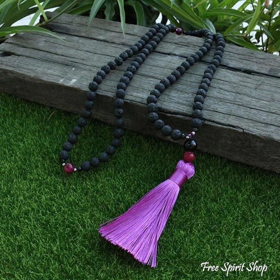 108 Natural Lava Stone & Pink Tiger Eye Mala Bead Necklace - Image 5