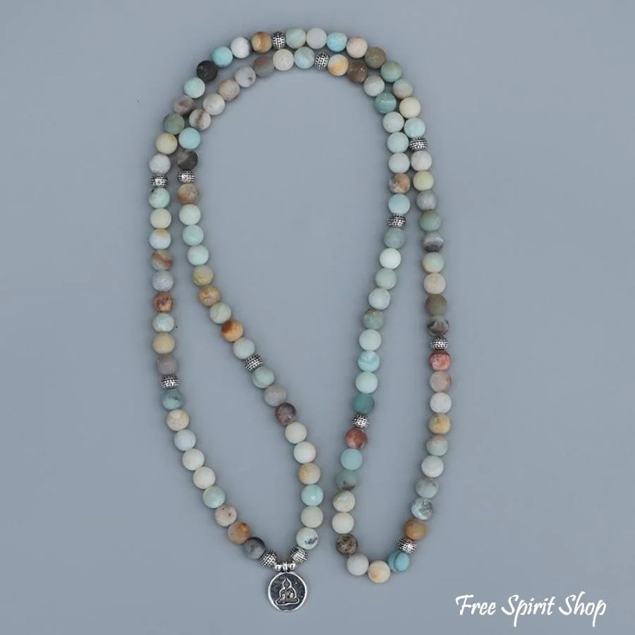 108 Natural Matte Amazonite Gemstone Mala Bead Bracelet - Image 2
