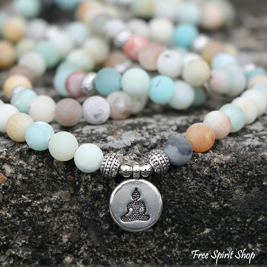 108 Natural Matte Amazonite Gemstone Mala Bead Bracelet - Image 4