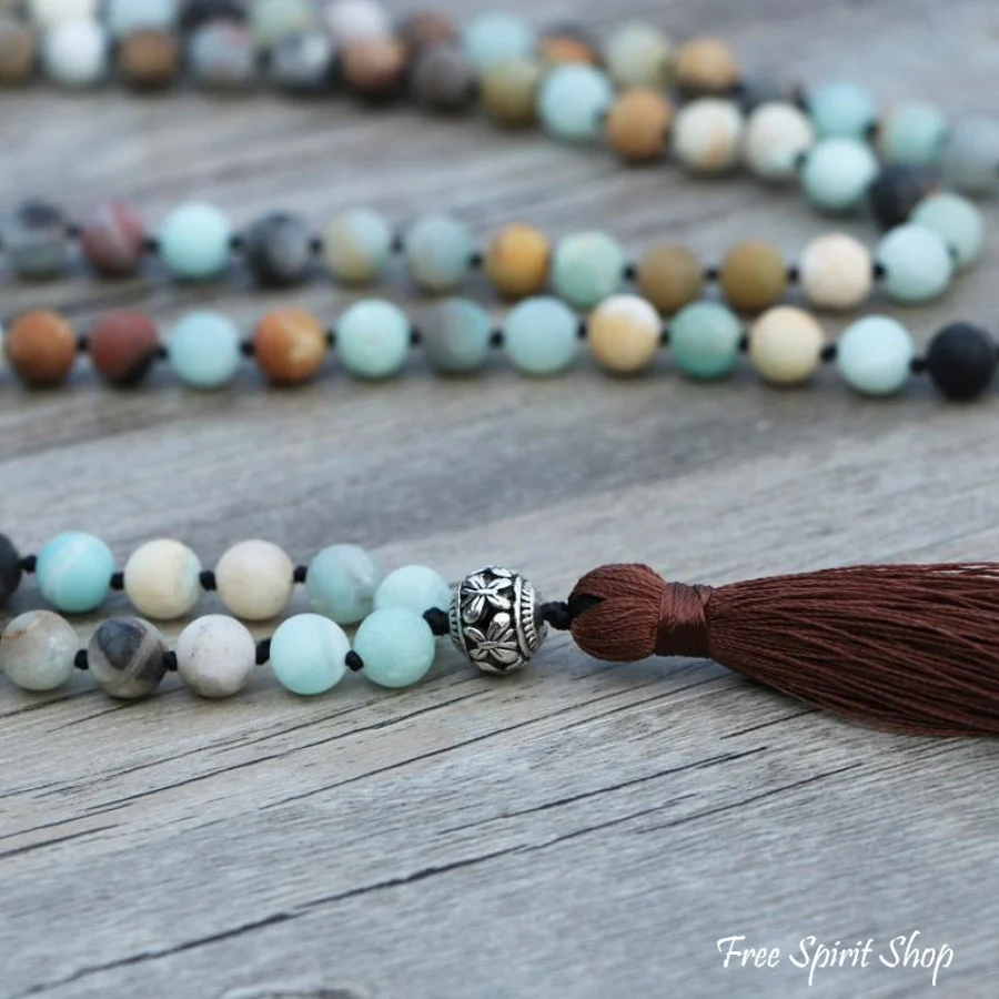 108 Natural Matte Amazonite Stone Bead Mala Prayer With Tassel - Image 2