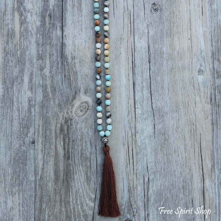 108 Natural Matte Amazonite Stone Bead Mala Prayer With Tassel - Image 3