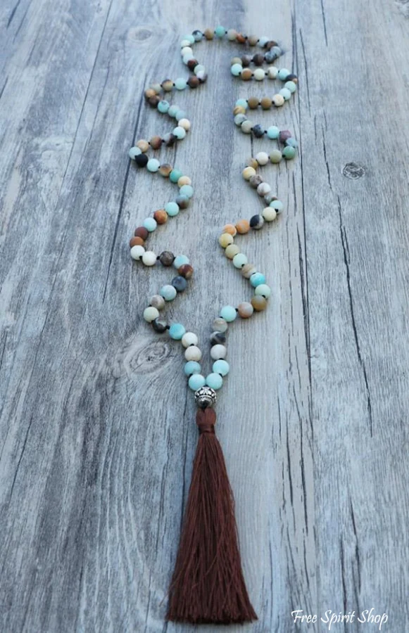 108 Natural Matte Amazonite Stone Bead Mala Prayer With Tassel - Image 4
