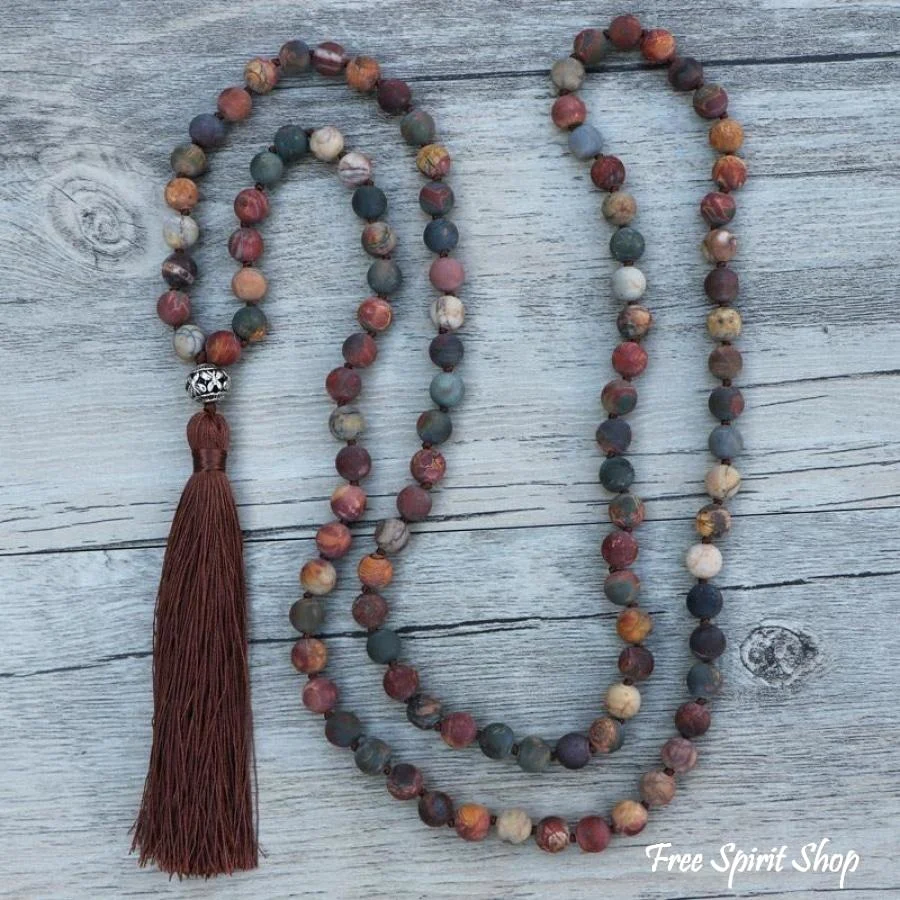 108 Natural Matte Red Jasper Stone Bead Mala Necklace - Image 3