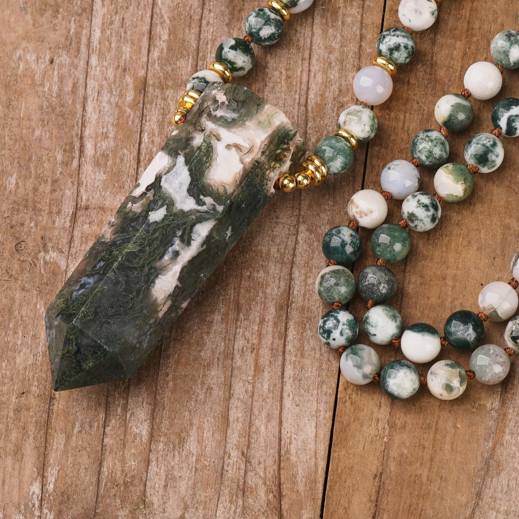 108 Natural Moss Agate Stone Mala Bead Necklace - Image 2