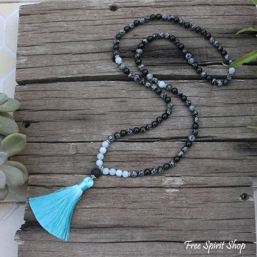108 Natural Obsidian Snowflake, Aquamarine & Lava Stone Mala Prayer Beads - Image 3