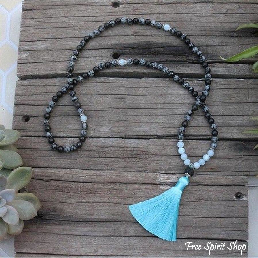 108 Natural Obsidian Snowflake, Aquamarine & Lava Stone Mala Prayer Beads - Image 4