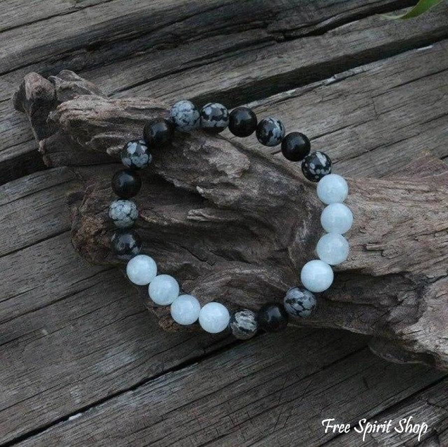 108 Natural Obsidian Snowflake, Aquamarine & Lava Stone Mala Prayer Beads - Image 5