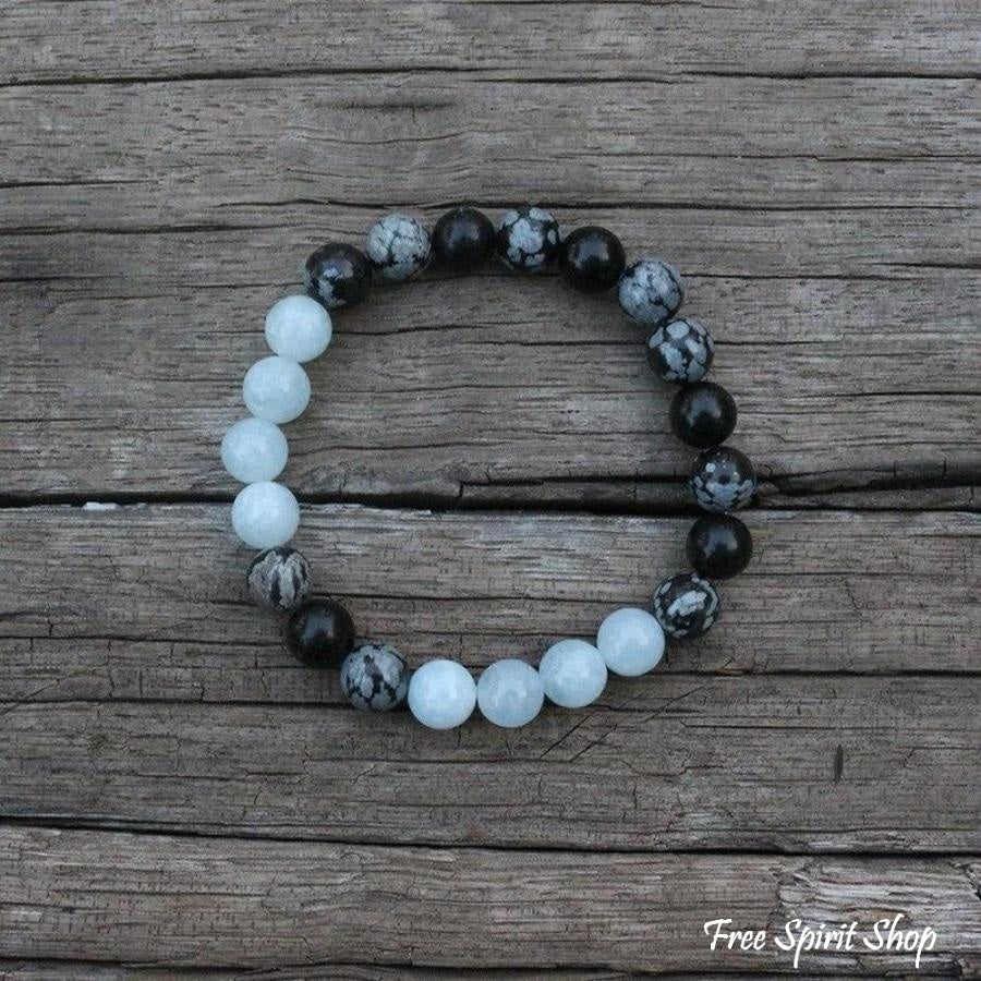 108 Natural Obsidian Snowflake, Aquamarine & Lava Stone Mala Prayer Beads - Image 6