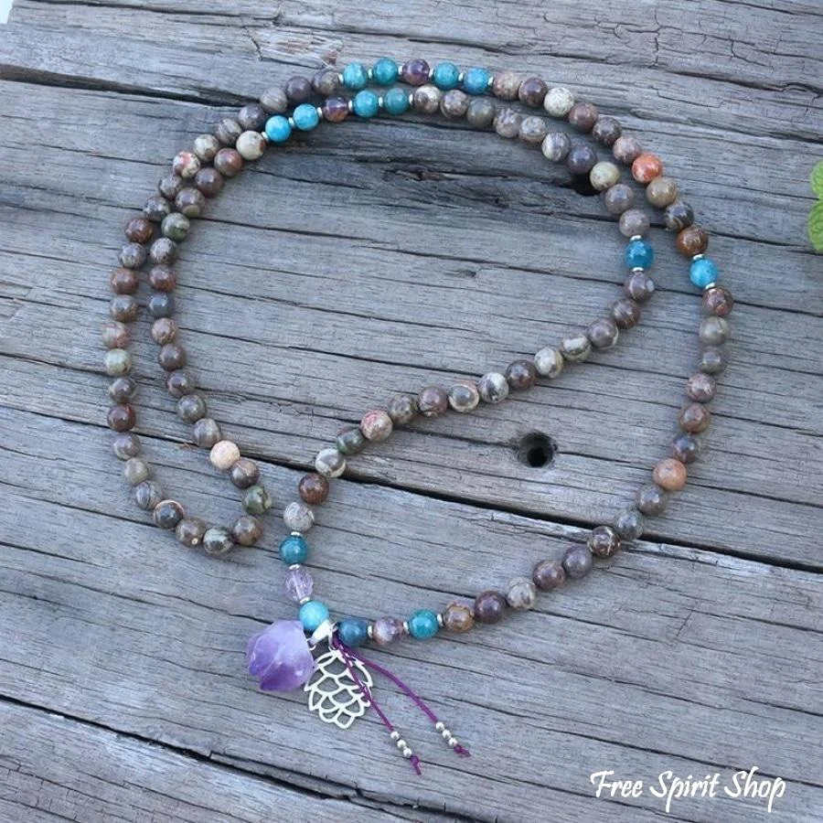 108 Natural Onyx Apatite & Amethyst Mala Bead Necklace / Bracelet - Image 3