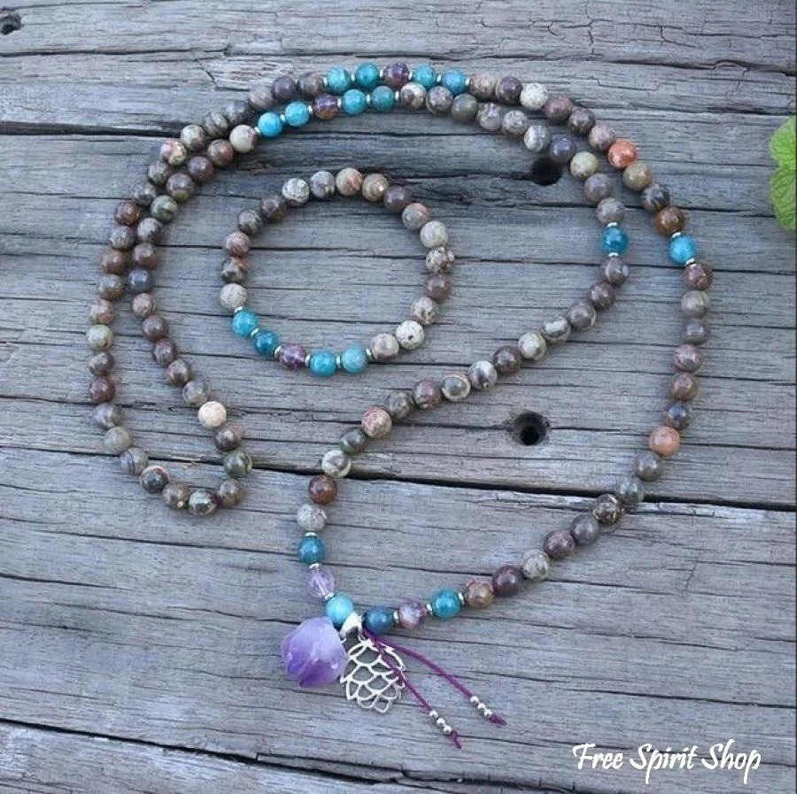 108 Natural Onyx Apatite & Amethyst Mala Bead Necklace / Bracelet - Image 4