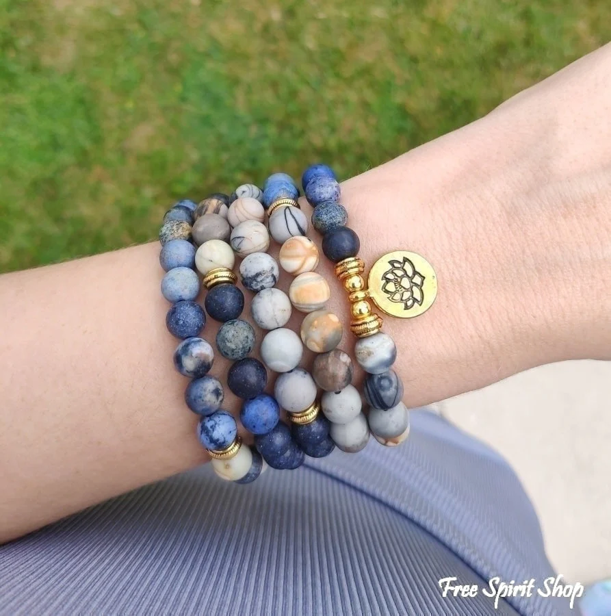 108 Natural Picasso Jasper & Blue Stone Mala Bead Bracelet - Image 2