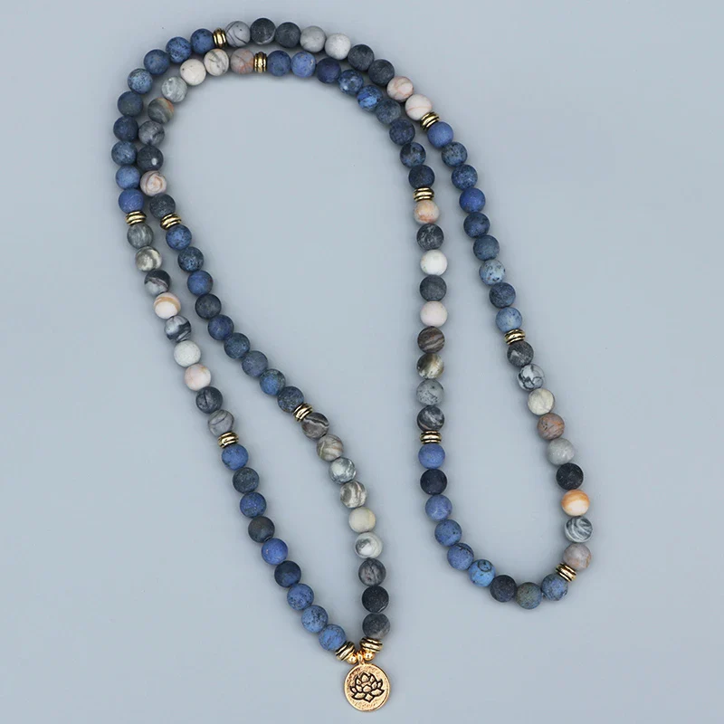 108 Natural Picasso Jasper & Blue Stone Mala Bead Bracelet - Image 3