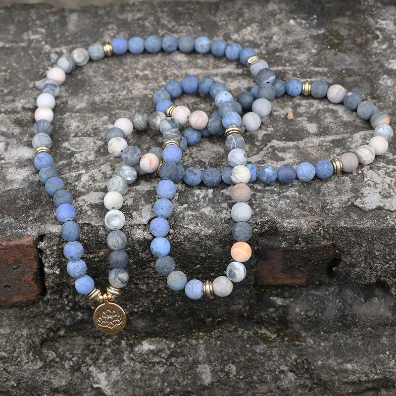 108 Natural Picasso Jasper & Blue Stone Mala Bead Bracelet - Image 5
