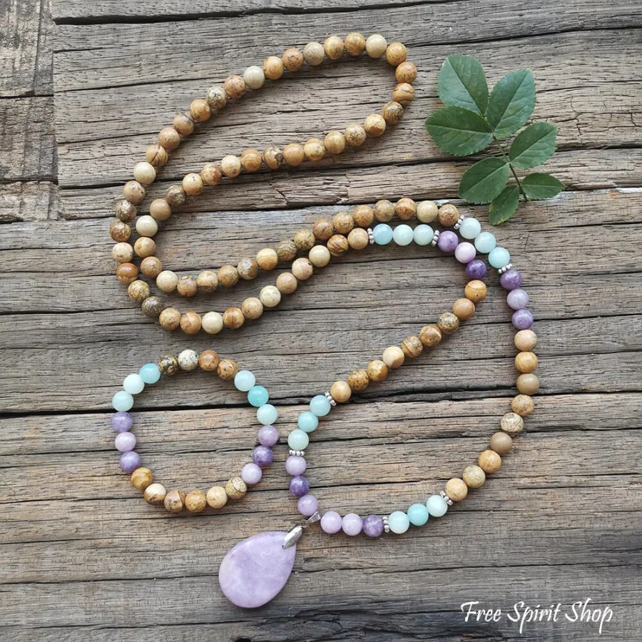 108 Natural Picture Jasper Amazonite & Lepidolite Mala Bead Necklace