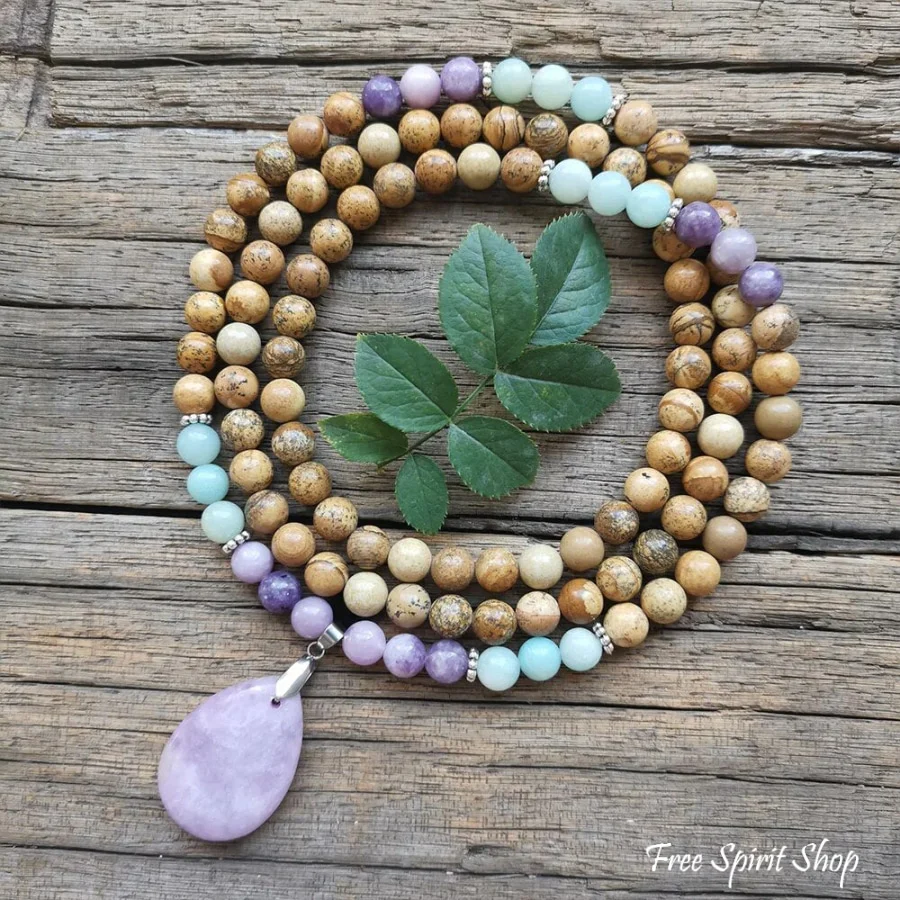 108 Natural Picture Jasper Amazonite & Lepidolite Mala Bead Necklace - Image 2