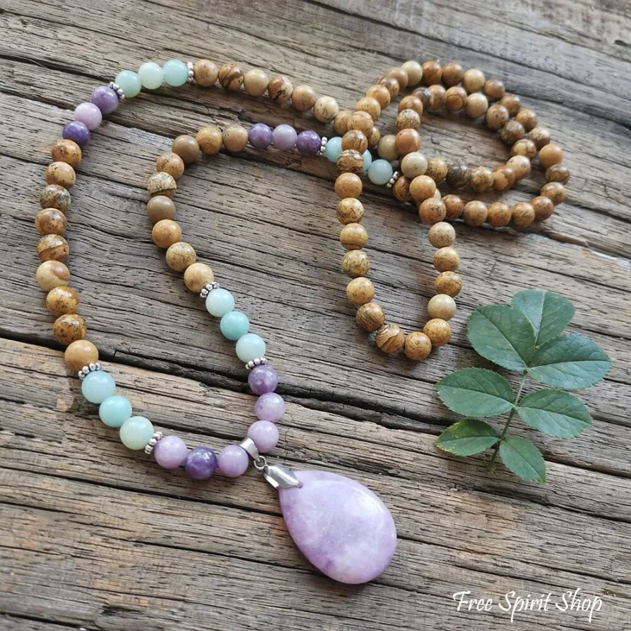 108 Natural Picture Jasper Amazonite & Lepidolite Mala Bead Necklace - Image 3