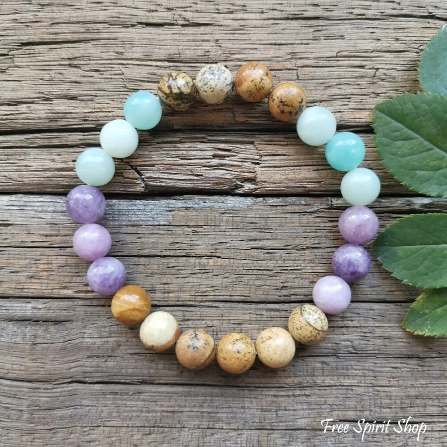 108 Natural Picture Jasper Amazonite & Lepidolite Mala Bead Necklace - Image 4