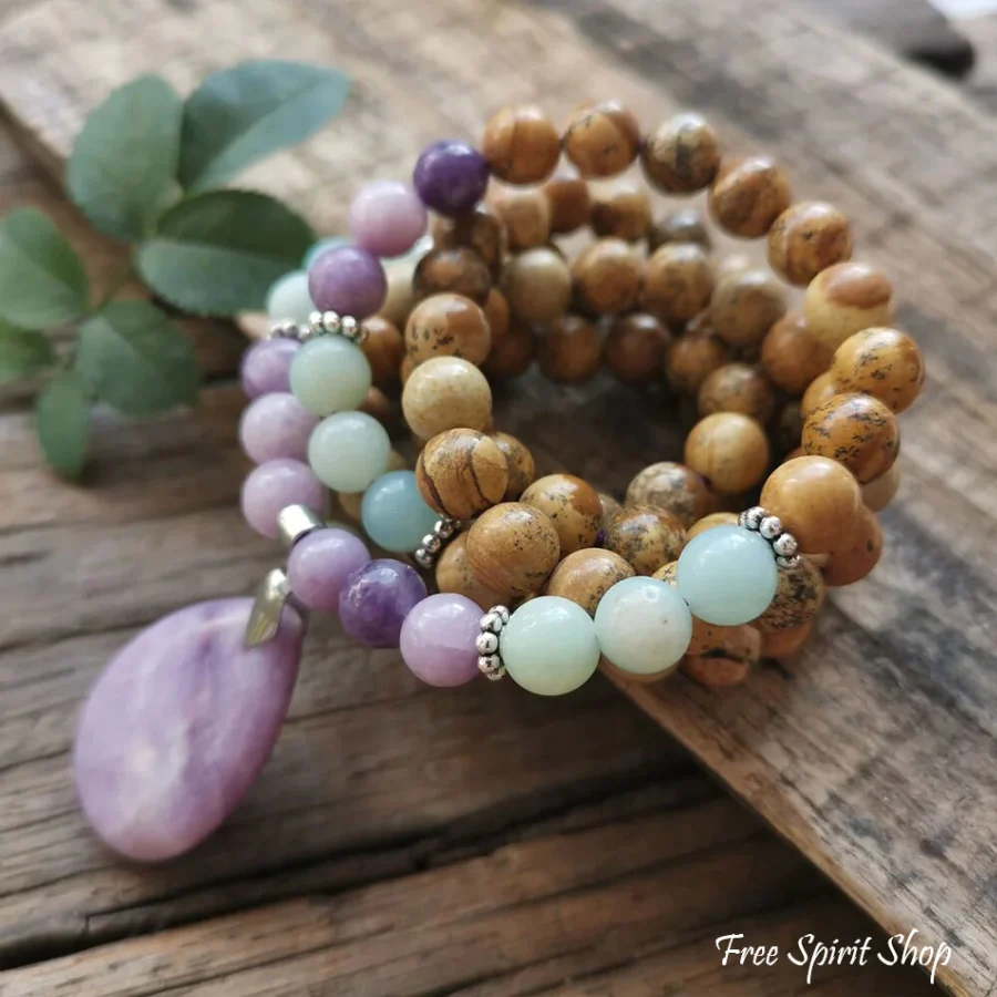 108 Natural Picture Jasper Amazonite & Lepidolite Mala Bead Necklace - Image 5