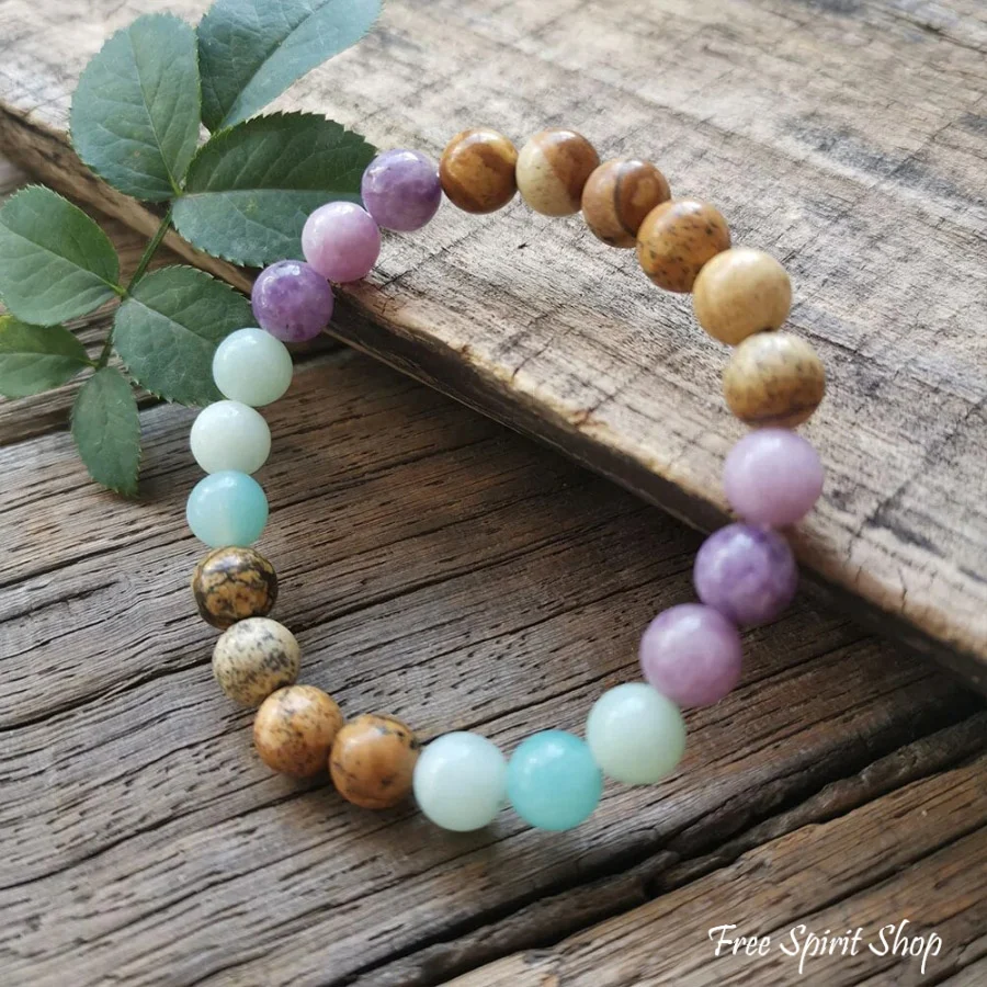 108 Natural Picture Jasper Amazonite & Lepidolite Mala Bead Necklace - Image 6