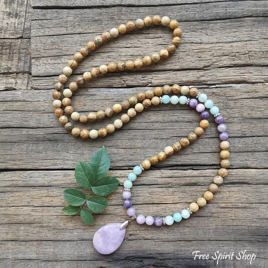 108 Natural Picture Jasper Amazonite & Lepidolite Mala Bead Necklace - Image 7