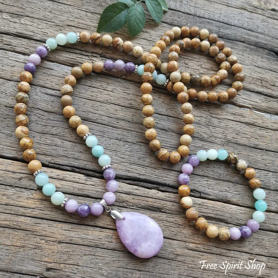 108 Natural Picture Jasper Amazonite & Lepidolite Mala Bead Necklace - Image 8