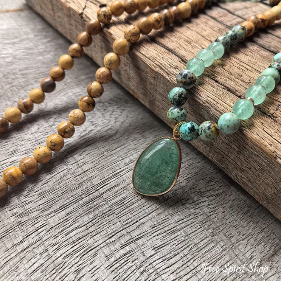 108 Natural Picture Jasper Green Quartz & African Turquoise Mala Bead Necklace - Image 3