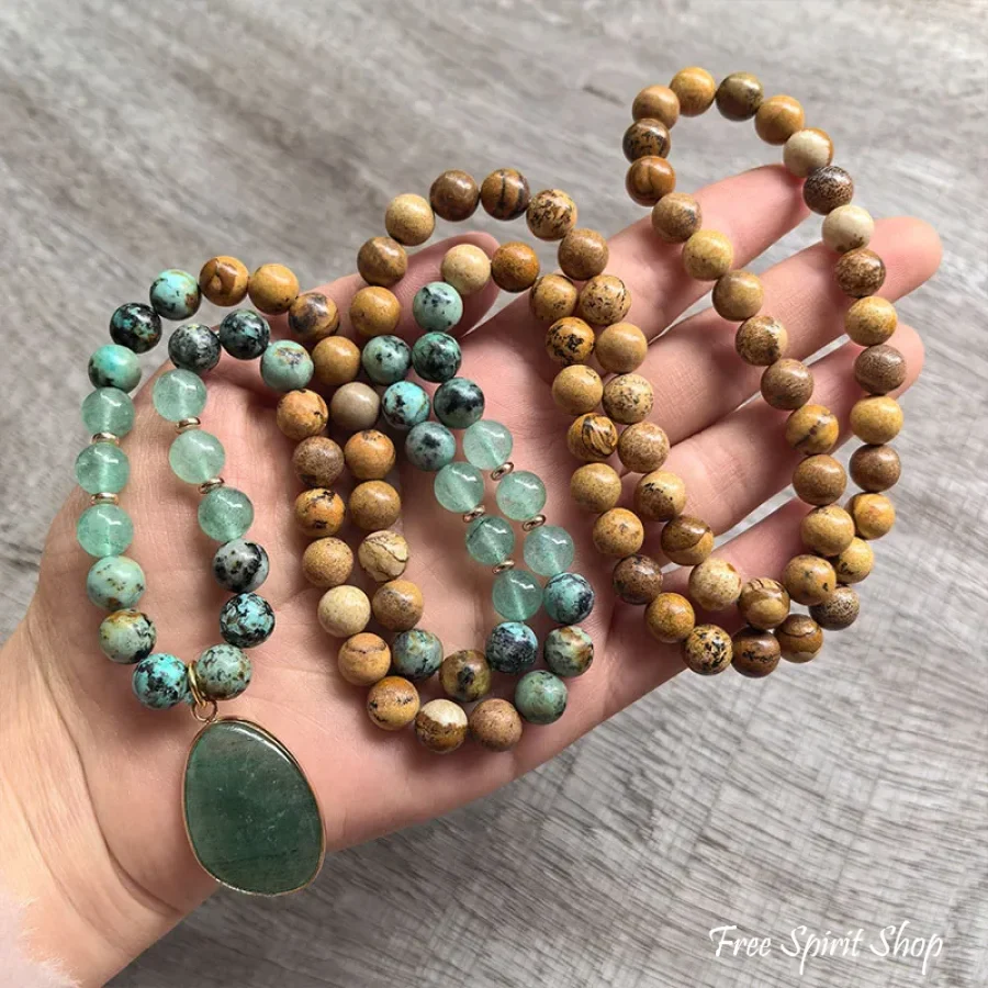 108 Natural Picture Jasper Green Quartz & African Turquoise Mala Bead Necklace - Image 4