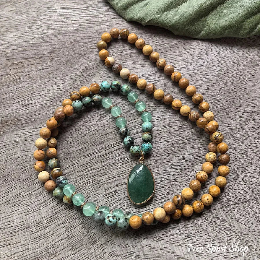108 Natural Picture Jasper Green Quartz & African Turquoise Mala Bead Necklace - Image 5