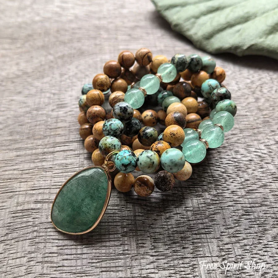 108 Natural Picture Jasper Green Quartz & African Turquoise Mala Bead Necklace - Image 6