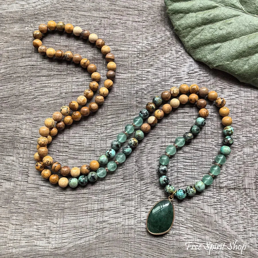 108 Natural Picture Jasper Green Quartz & African Turquoise Mala Bead Necklace - Image 8