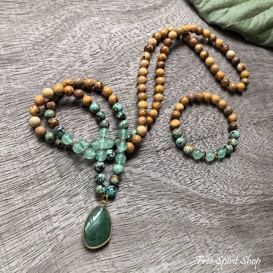 108 Natural Picture Jasper Green Quartz & African Turquoise Mala Bead Necklace - Image 9