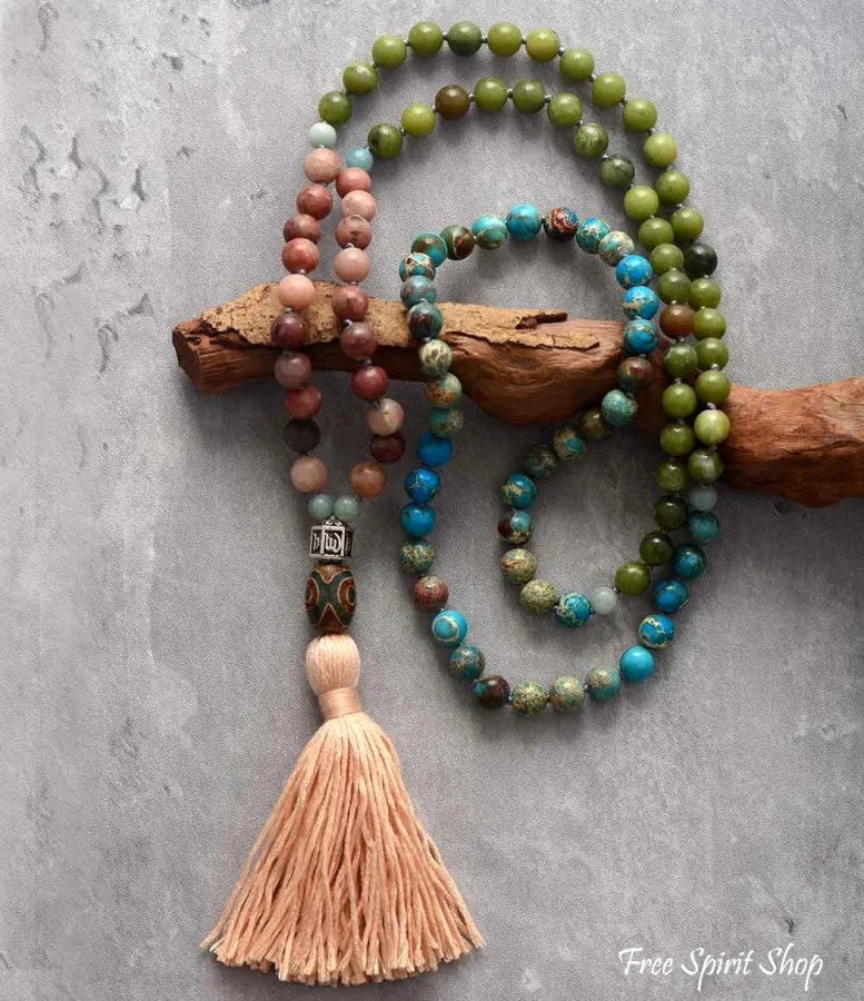 108 Natural Pink Aventurine Blue Jasper & Green Opal Mala Bead Necklace - Image 2
