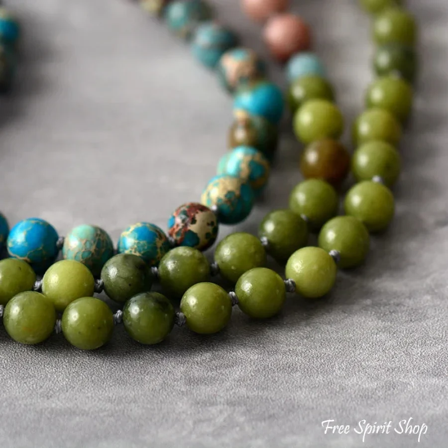 108 Natural Pink Aventurine Blue Jasper & Green Opal Mala Bead Necklace - Image 3