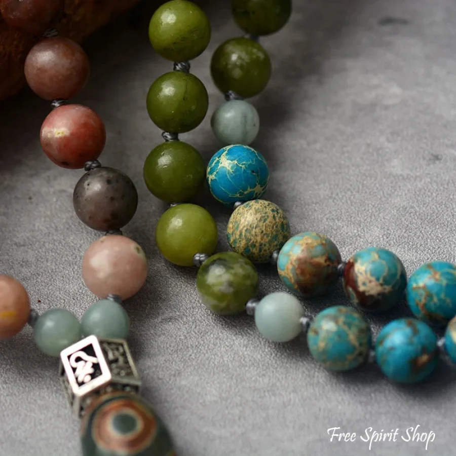 108 Natural Pink Aventurine Blue Jasper & Green Opal Mala Bead Necklace - Image 4