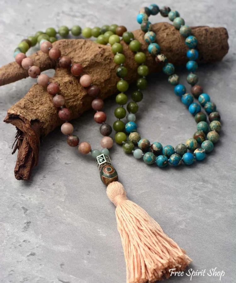 108 Natural Pink Aventurine Blue Jasper & Green Opal Mala Bead Necklace - Image 5